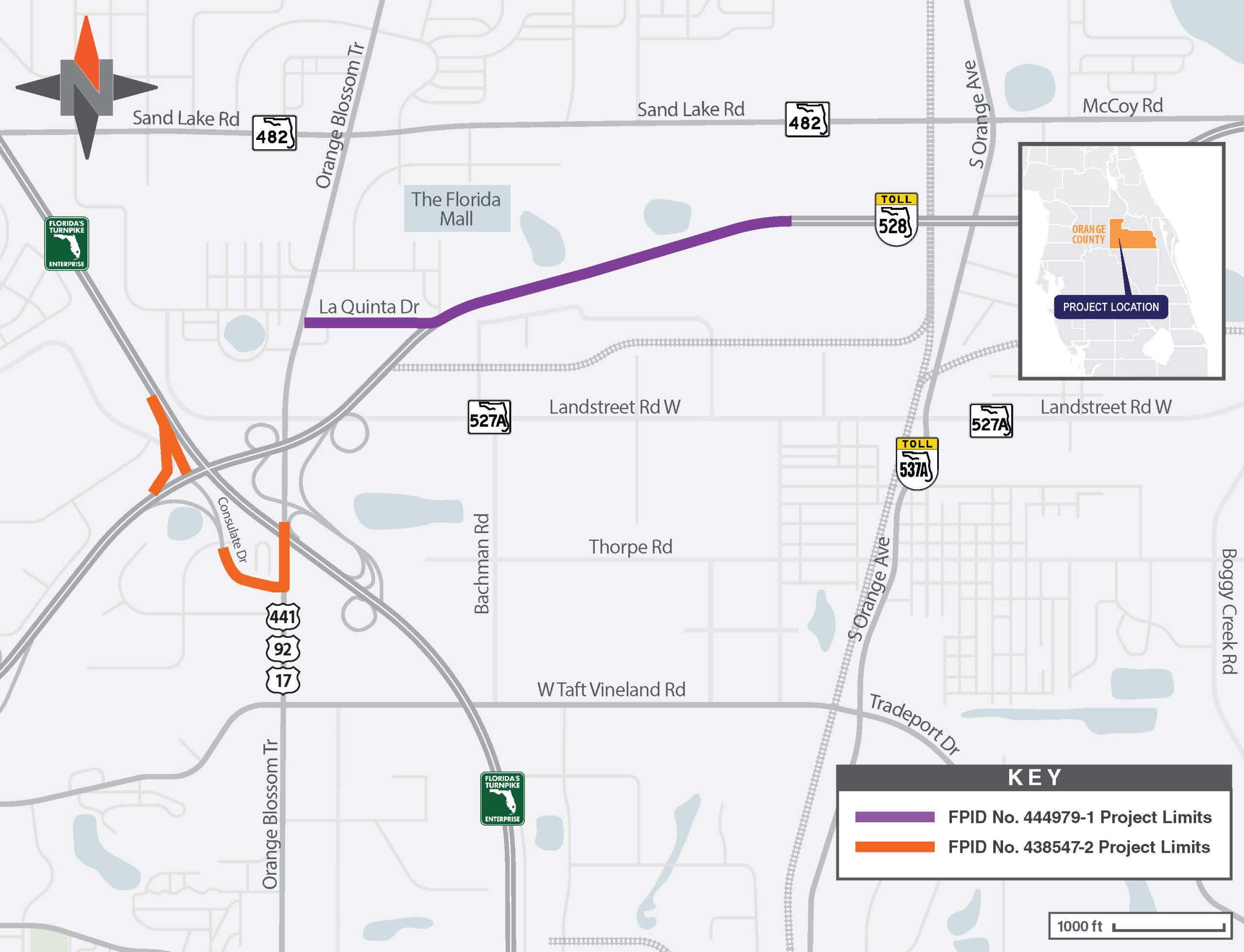 Map showing project locations in Orange County, with highlighted routes in orange and purple, including key landmarks.