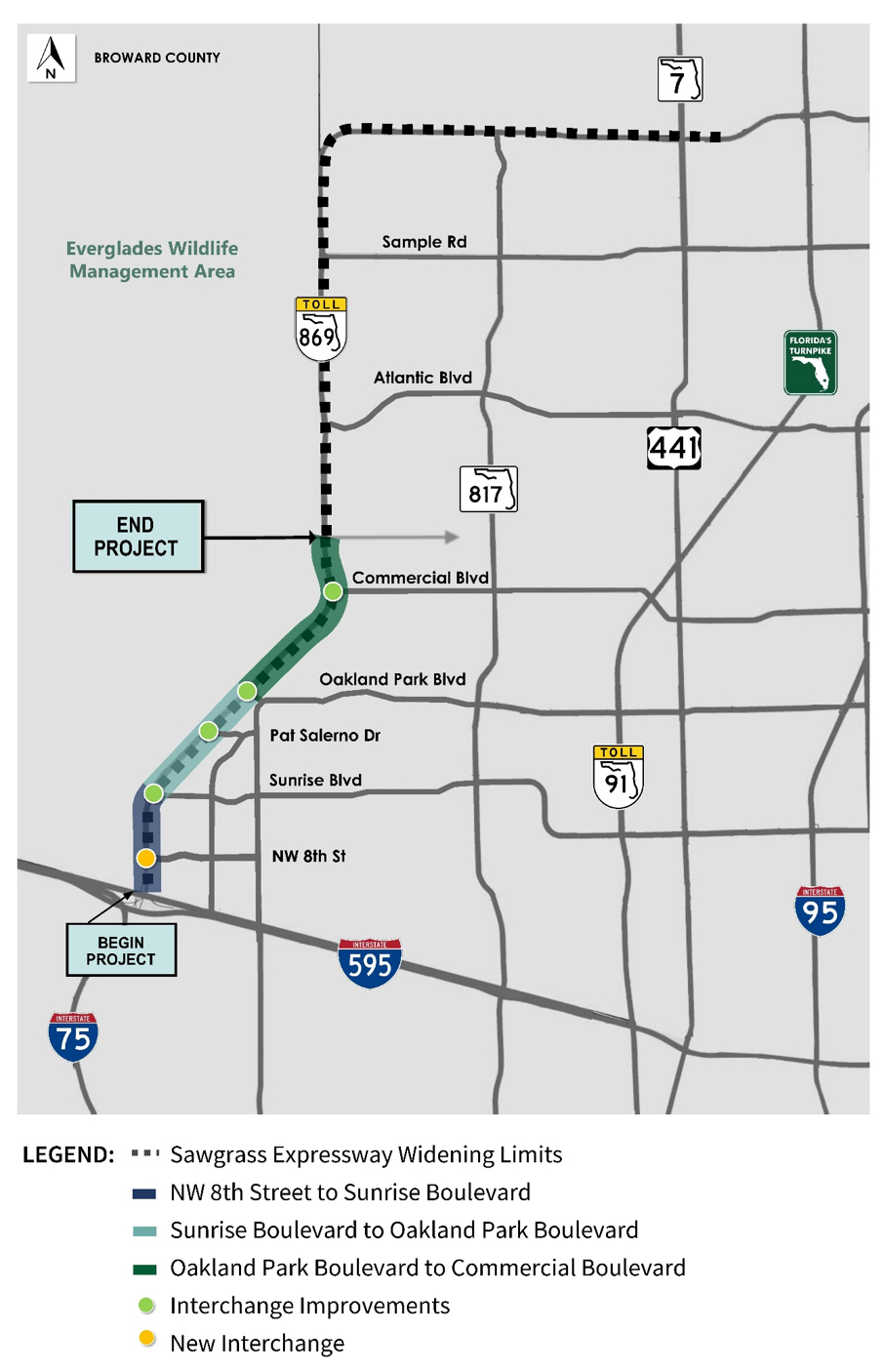 Map showing the Sawgrass Expressway project area in Broward County, including interchanges and road improvements.